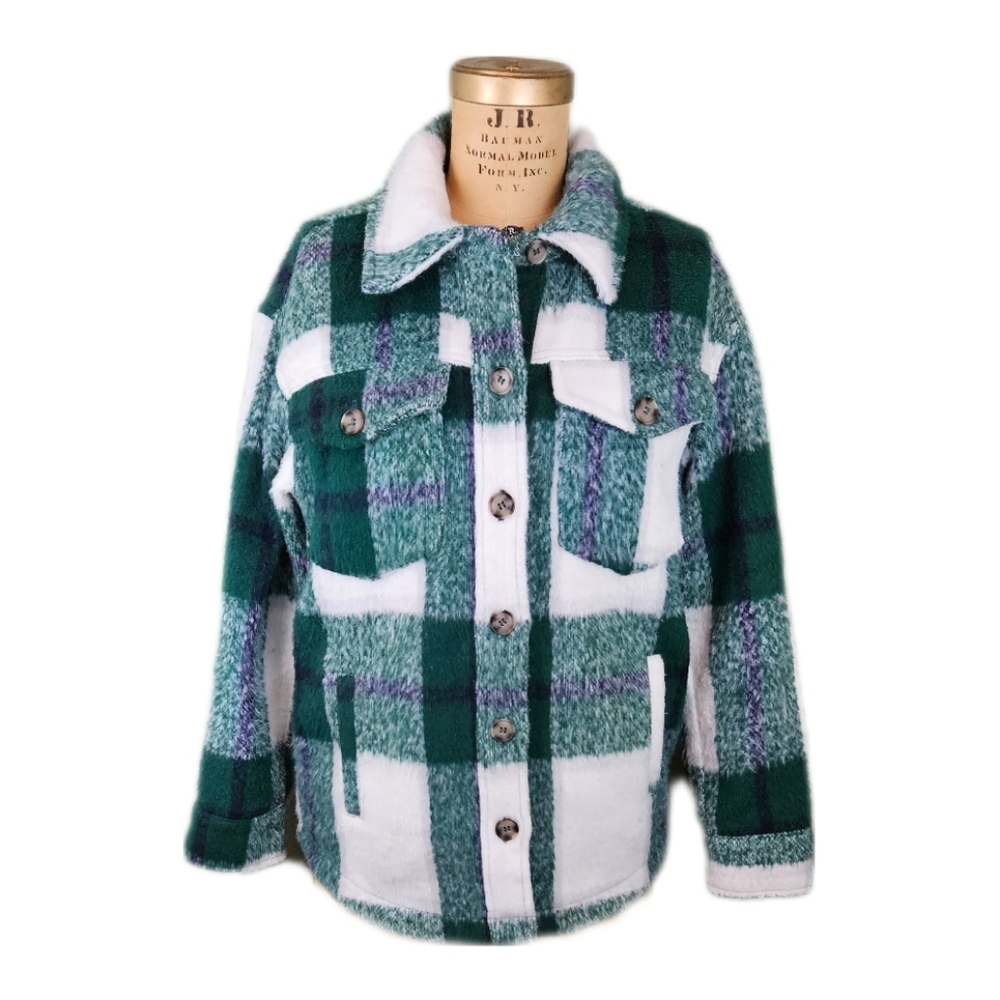 Anthropologie Avec Les Filles Oversized Brushed Plaid Shacket Small Green Grunge